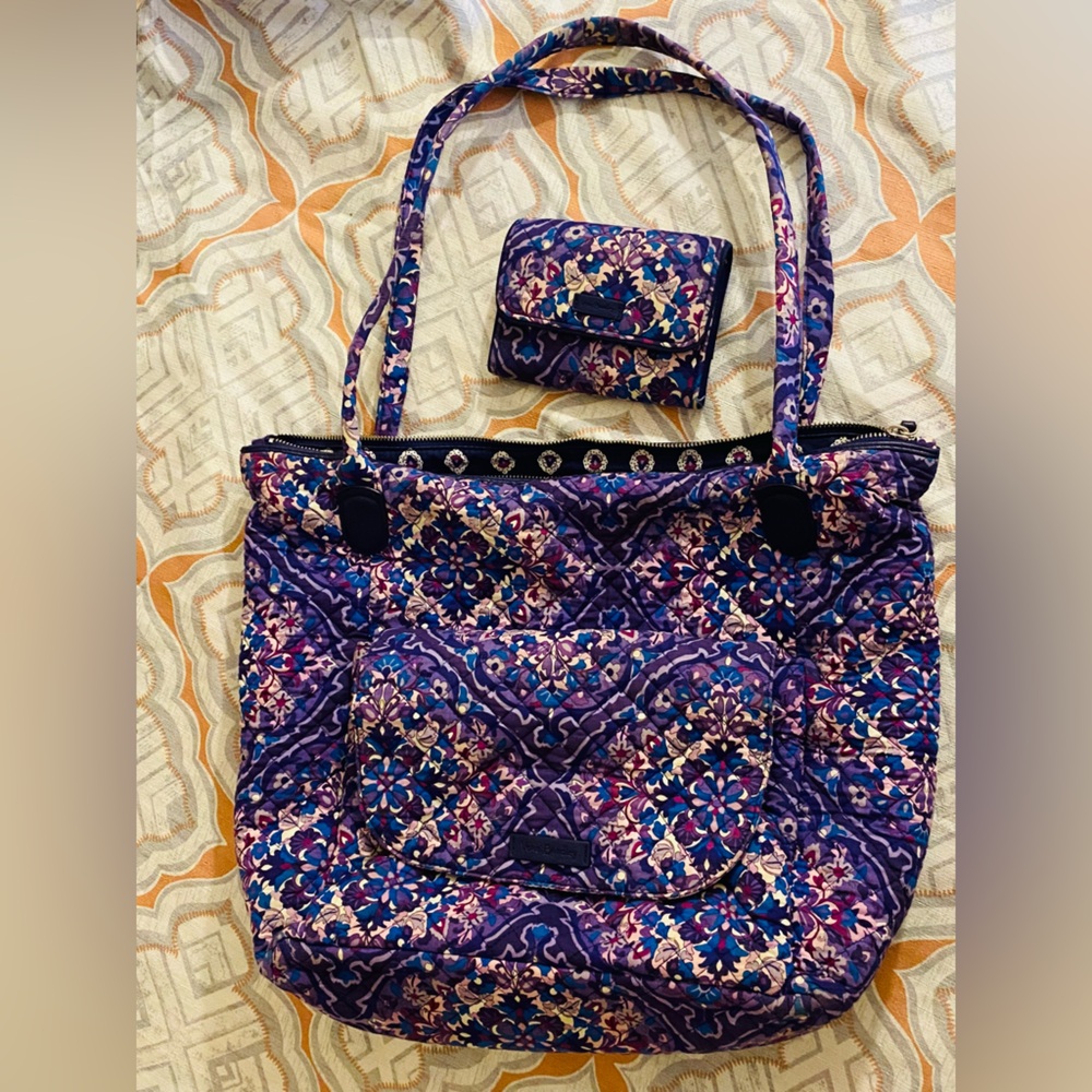 Vera Bradley Purple and Blue Tote Bag and Wallet SET